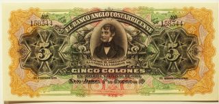 Colorful Unc 1900 ' S 5 Colones - Bank Of Costa Rica Brown Back Note photo