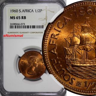 South Africa Elizabeth Ii Bronze 1960 1/2 Penny Ngc Ms65 Rb Bu Red Toned Km 45 photo