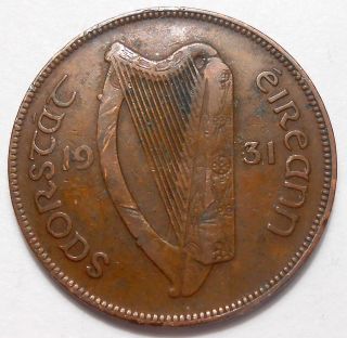 1931 Ireland Penny F,  Irish State Scarce Harp Hen & Chicks Bronze Coin photo