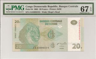 P - 94 2003 20 Francs,  Congo Democratic Republic,  Pmg 67epq photo