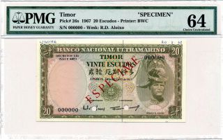 Banco Nacional Timor 20 Escudos 1967 Spec. ,  00000 Pmg 64 photo