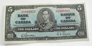 1937 Canada Banknote $5 Dollars Bank Of Canada Au Bc - 23b M/c1948923 photo