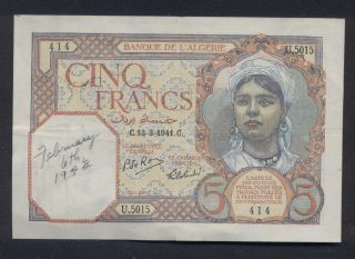 Algerie French Algeria (p.  77) 5 Francs 1941.  13.  3 Avf/vf photo