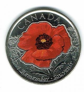 2015 Canadian Brilliant Uncirculated Commemorative Colored Poppy 25 Cent Coin photo