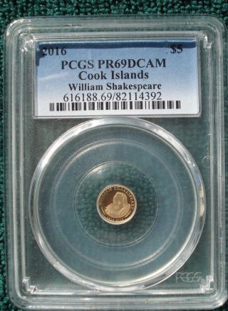 2016 $5 Cook Islands William Shakespeare.  5 Gram.  9999 Gold Proof Pcgs Pr69dcam photo