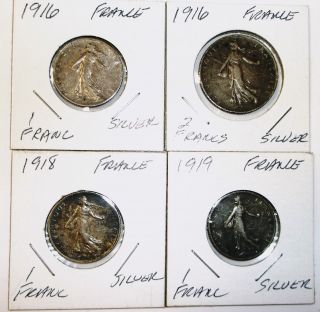 1916 1 - Franc,  1916 2 Francs,  1918 1 Franc,  1919 1 Franc - France -.  835 Silver - 4 - photo