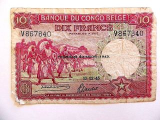 1943 Belgian Congo Ten (10) Francs Note photo
