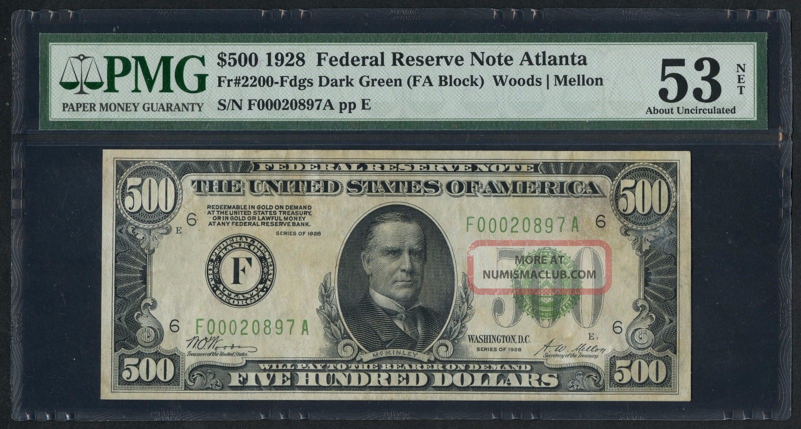 Fr2200 $500 1928 Series Frn Atlanta Pmg 53 About Unc (75 Recorded) Wlm3461 Small Size Notes photo