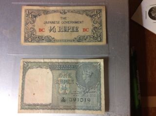 Japanese Money - Burma: 1/4 Rupee Plate Block Bc And Gov Of India 1 Rupee photo