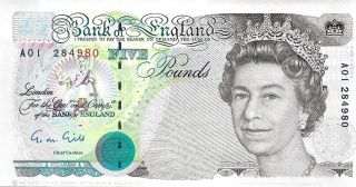 1990 Bank Of England - Great Britain 5 Pounds Unc Pick: 382 Prefix: A photo
