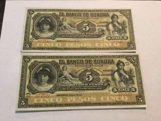 Two El Banco De Sonora Cinco 5 Pesos Mexican Banknote Crisp photo