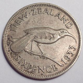1933 Zealand 6 Pence Sixpence Silver Coin,  George V - Key Date Rare Find photo