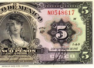 Mexico 1947 $5 Pesos Gypsy Girl Serie Ap (n0548617) photo