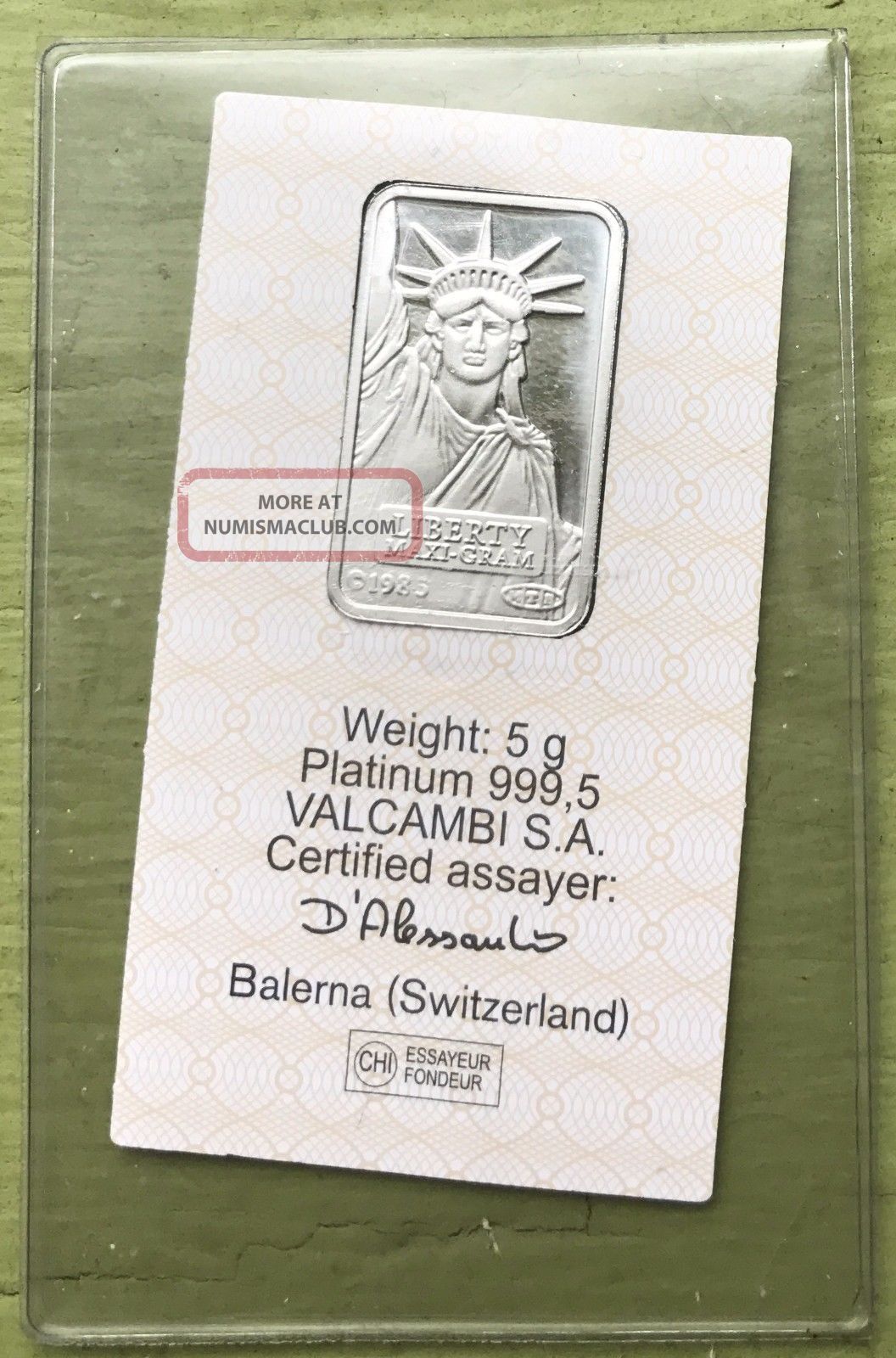 Credit Suisse 5 Gram. 9995 Pure Platinum Liberty Bullion Bar