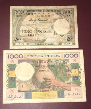 French Somaliland Djibouti Afars & Issas 500 & 1000 Francs Pick 27 & 28 Rare photo