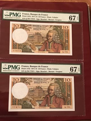 French France Running Pair 10 Francs Voltaire Pmg 67 Gem Unc Epq 1972 Pick 174d photo