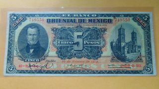 1914 5 Five Pesos Banco Oriental Puebla Mexico Revolutionary Currency photo
