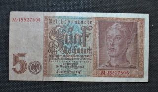 Old Bank Note Nazi Germany 5 Reichsmark 1942 World War Ii Swastika - M15527506 photo