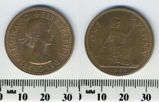 Great Britain 1964 - 1 Penny Large Bronze Coin - Queen Elizabeth Ii photo