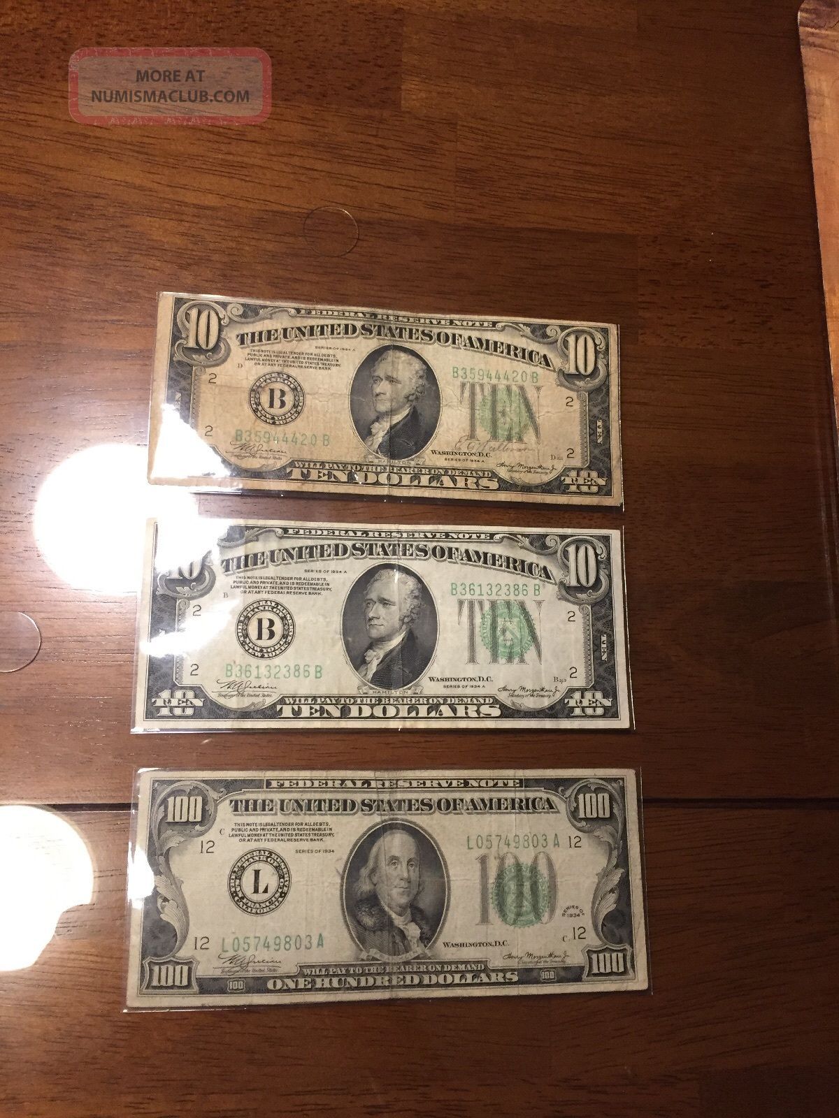 100 1 Hundred Dollar Bill 1934 Benjamin Franklin & 2x 1934 $10 Federal Reserve N Small Size Notes photo