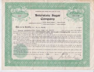 Interstate Sugar Company Of Utah Preferred Stock Shares Certificate 1924 Rare photo