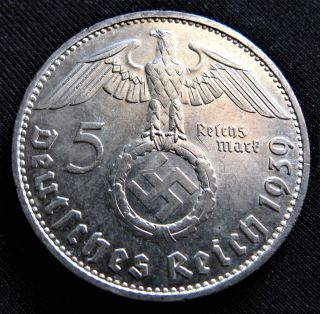 Xrare 1939d 5 Mark German Big 90 Silver Nazi Swastika Germany 3rd Reich Ww Coin photo