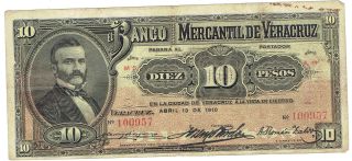 Mexico S439c Banco Mercantil De Veracruz Mexico 10 Peso 1910 Issue photo