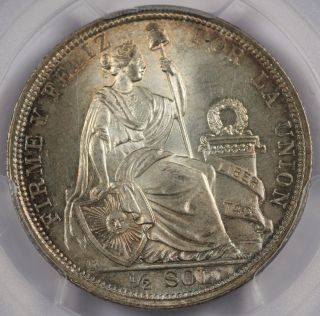 Peru 1915 Fg Jr 1/2 Sol Silver Coin Pcgs Ms66 Gem Bu Very Pretty photo