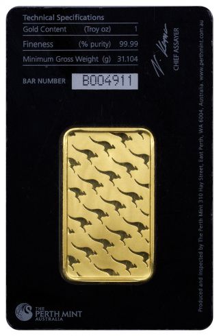 1 Oz Gold Bar - Perth - 99.  99 Fine Gold Ounce In Assay Certificate photo