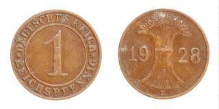 Germany Weimar Republic 1928 D Munich 1 Reichspfennig Km 37 Bronze Coin 175 photo