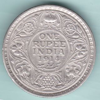 British India - 1914 - King George V - One Rupee - Rare Silver Coin photo