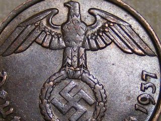 1937 Copper Wwii Nazi Hitler Germany 3rd Reich Munich 2 Reichspfennig War Coin photo
