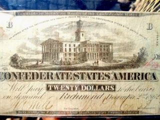 1862 (t - 51) $20 Dollar Note - Rare Confederate Currency - No Pinholes/bold Print photo