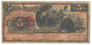 Mexico S273d Banco De Durango 5 Pesos 1913 Issue photo