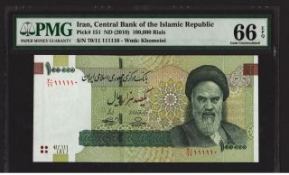 2010 Iran Persia Banknote,  100,  000 Rials,  Pmg 66 Unc P :151 Binary Serial photo