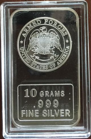Silver Bar 10 Grams.  999 Fine Silver,  U.  S.  Armed Forces Design,  10g Silver Bar photo