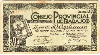 Spain / 50 Cents War Bond,  Provincial Council Of Badajoz,  Castuera 01 Oct 1937 photo