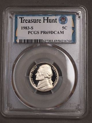 1983 - S 5c Jefferson 5c Pcgs Sample Pr69dcam Long Beach Yn Treasure Hunt Coin.  Y photo