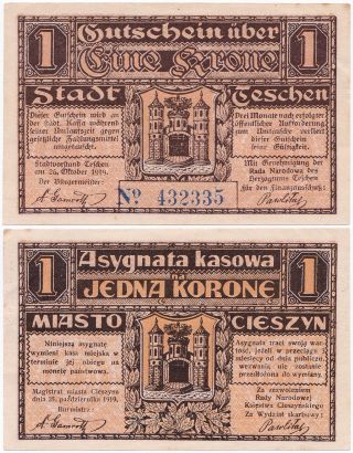Poland,  Czechoslovakia,  1 Krone 1919,  Teschen - Cieszyn,  Aunc photo