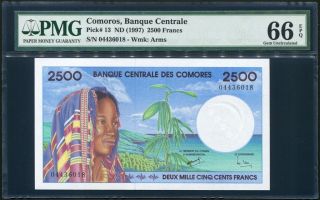 Comoros 2500 Francs P13 Pmg Gem Uncirculated 66 Epq photo