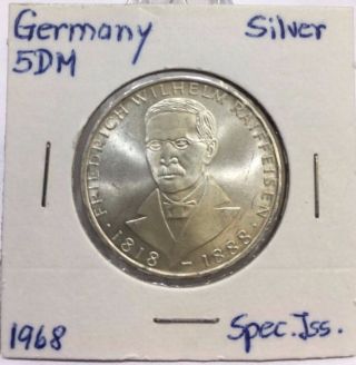 1968 J Germany Friedrich Raiffeisen 5 Dm Deutsche Mark Silver Coin Hamburg photo