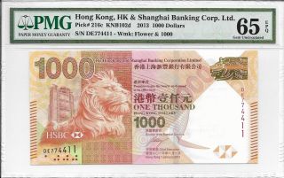 Hong Kong Bank - $1000,  2013.  Serial No.  In Pair: 774411.  Pmg 65epq. photo
