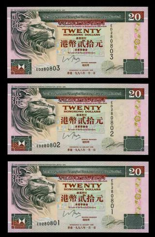 1998 Hong Kong Shanghai Corp Ltd 20 Dollars 3 Banknote Consecutive Numbers P201c photo