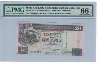 Hongkong 20 Dollars 1998 - 2002 Pick 201d Fancy S/n Pl 000068 Pmg:66 Epq (771) photo