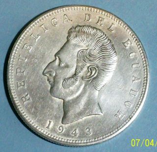 Ecuador 5 Sucres 1943 Mo Almost Uncirculated 0.  7200 Silver 0.  5787 Oz Coin photo
