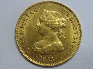 1865 Madrid 4 Escudos Elizabeth Ii Spain Spanish Gold Coin photo