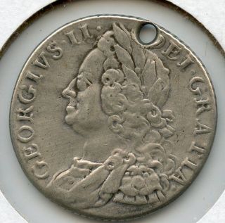 1758 Holed King George Ii F Fine Shilling Silver Coin Aa0549 photo