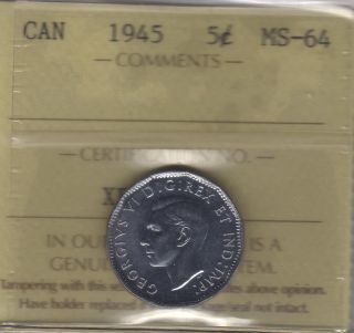 1945 Canada Five Cents (victory Nickel) Coin.  Iccs Ms - 64 photo