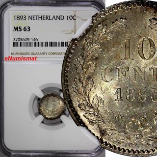 Netherlands Wilhelmina I Silver 1893 10 Cents Ngc Ms63 Young Head Km 116 photo