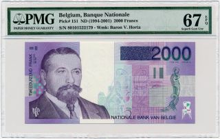 Belgium - 2000 Francs Nd/1994 P151 Pmg Gem Unc 67 Epq photo